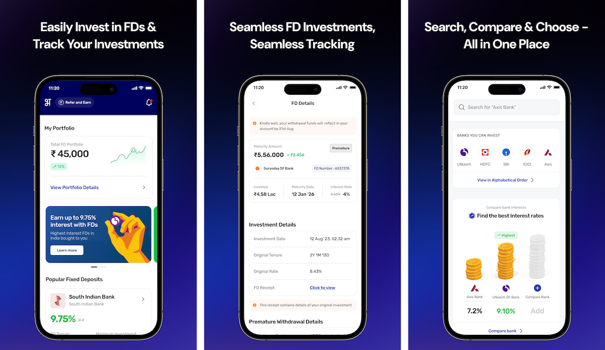 Screenshot of BharatFD's mobile app showing the user interface for listing and booking high-interest fixed deposits.
