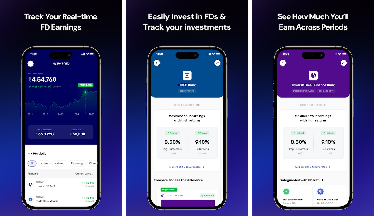 Screenshot of BharatFD's mobile app showing the user interface for listing and booking high-interest fixed deposits.