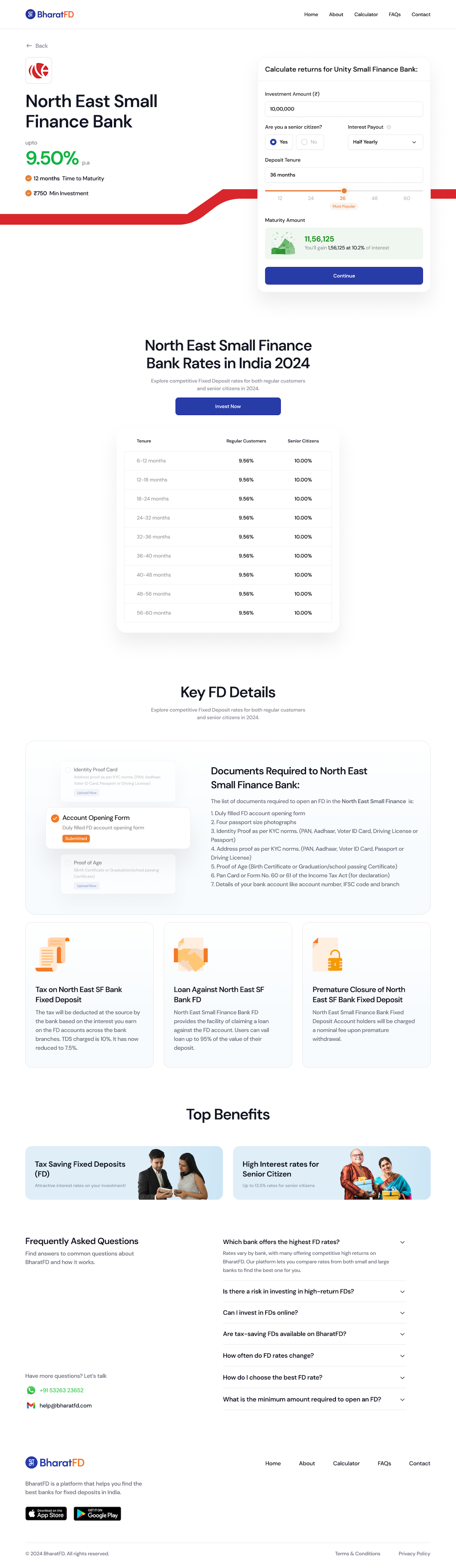 Screenshot of BharatFD's website showing the fixed deposit detail interface for listing and booking high-interest fixed deposits.