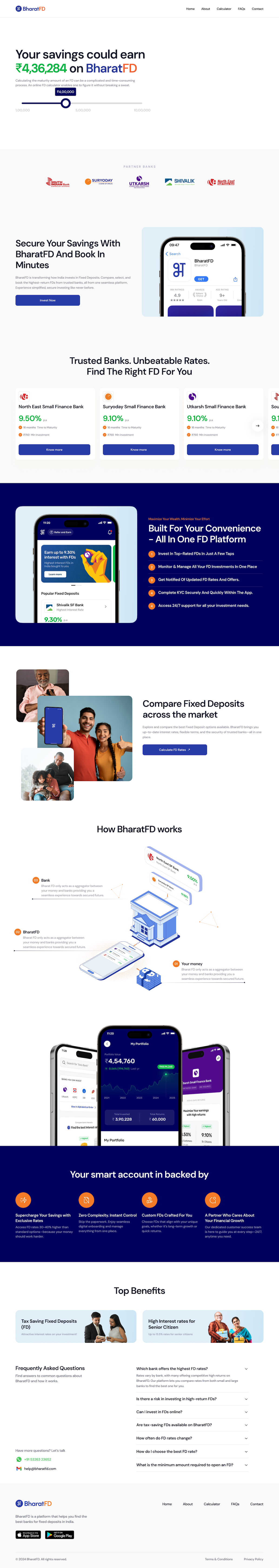 Screenshot of BharatFD's website showing the homepage interface for listing and booking high-interest fixed deposits.