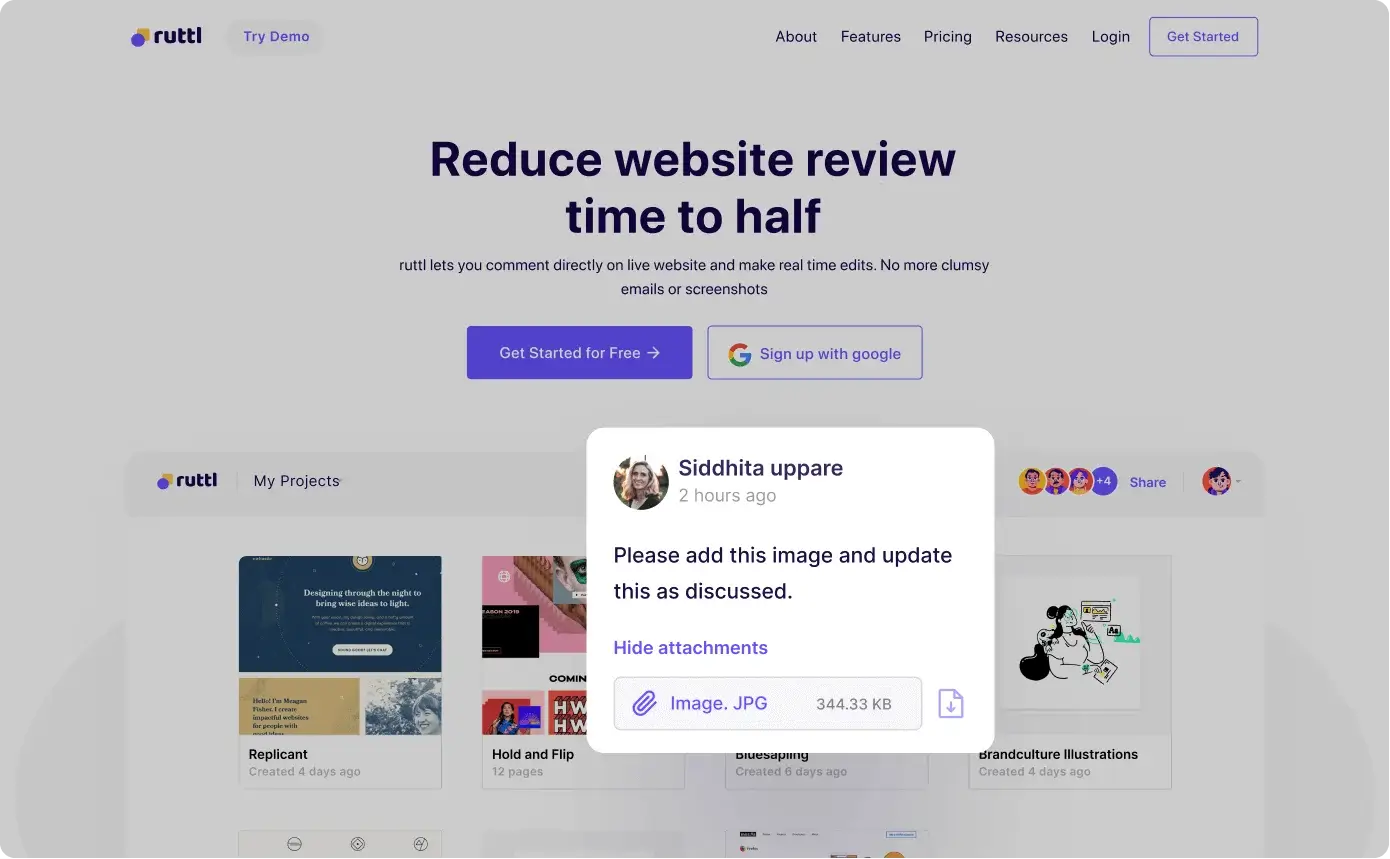 Screenshot of ruttl's website feedback tool showing real-time collaboration and feedback interface.