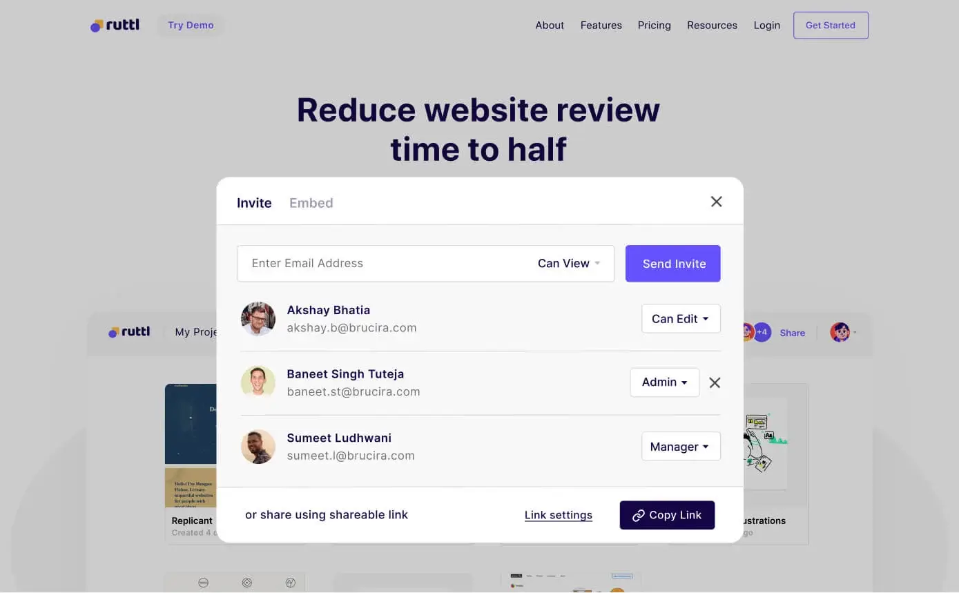 Screenshot of ruttl's website feedback tool showing real-time collaboration and feedback interface.