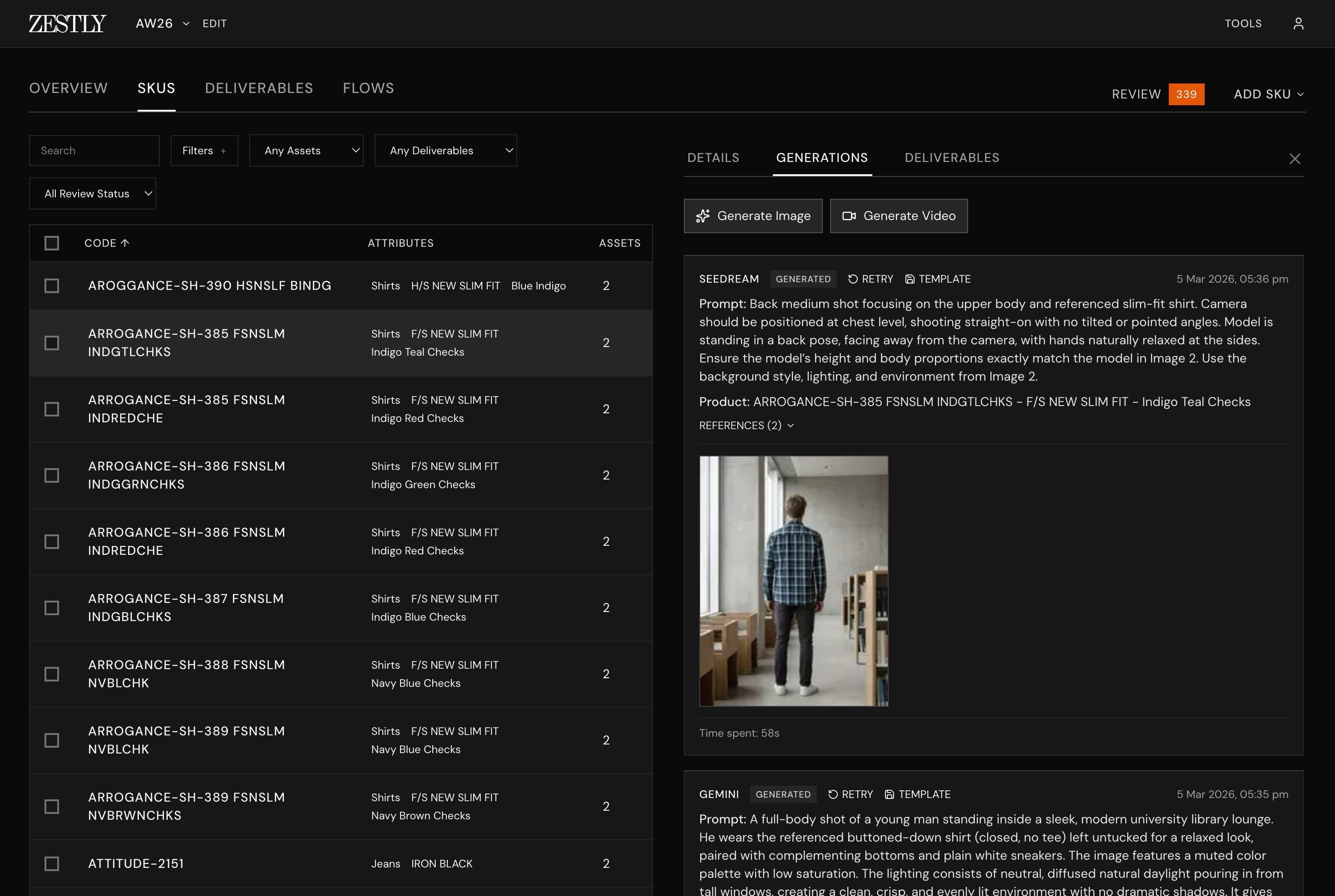Screenshot of ZESTLY's AI-assisted internal tool interface showing asset generation workflow and output examples.